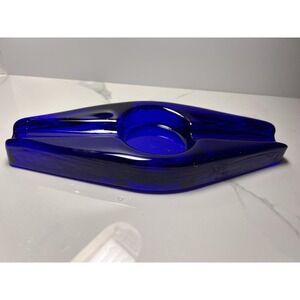 VTG Blenko Cobalt Blue Heavy Hand Blown Glass Cigar Holder Ashtray